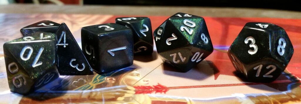 A set of 7 polyhedral dice on the picture of an archer, bow drawn.