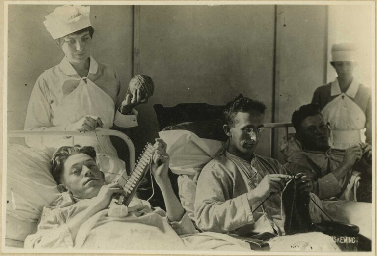 wounded soldiers doing fiber arts as occupational therapy