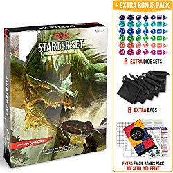 DnD starter set plus dice, dice bags, and