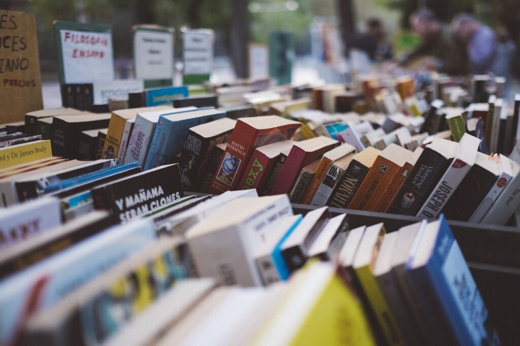 Rows of used books in boxes at an outdoor bookstore