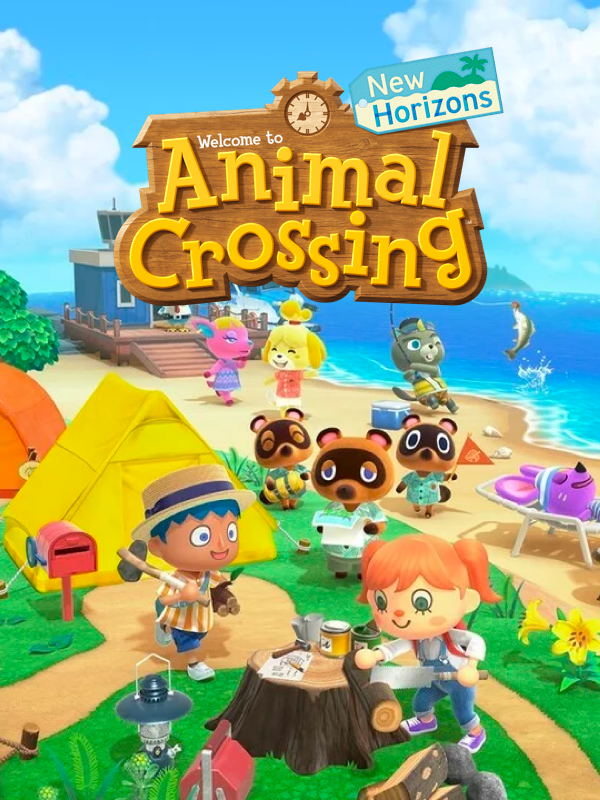 Animal Crossing: New Horizons game cover showing player characters and animals on an island