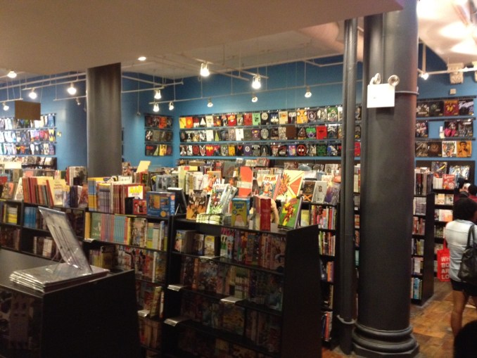 Shelves of books and manga in Forbidden Planet in Manhattan