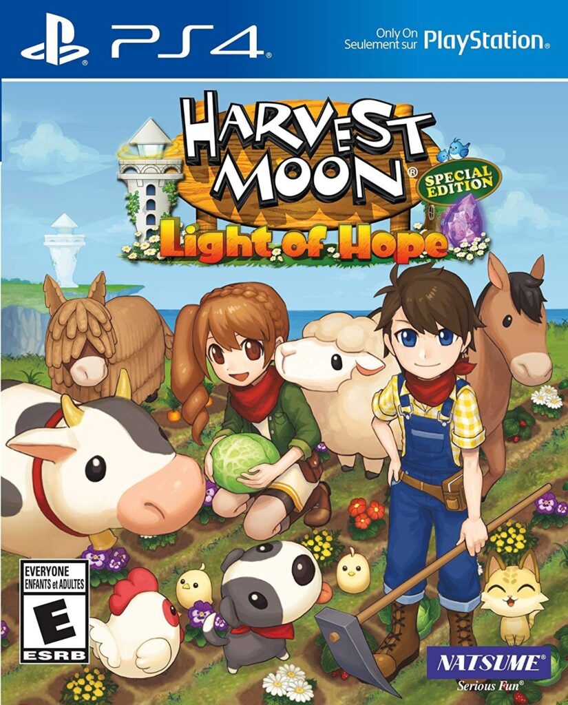 Harvest Moon PS4 title with player characters, animals, and crops