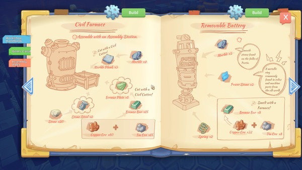 Open books showing instructions for how to make items in My Time at Portia