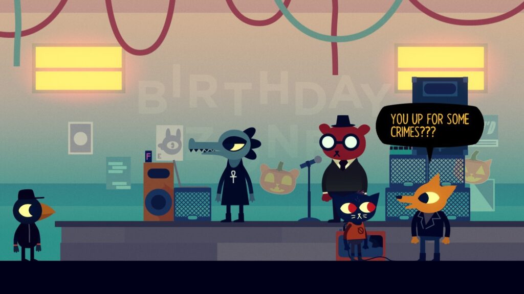 Night in the Woods characters: crow, alligator, bear, cat, and fox. Fox is saying "You up for some crimes???"