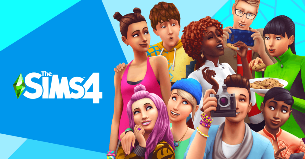 Group of Sims characters with Sims4 logo next to them