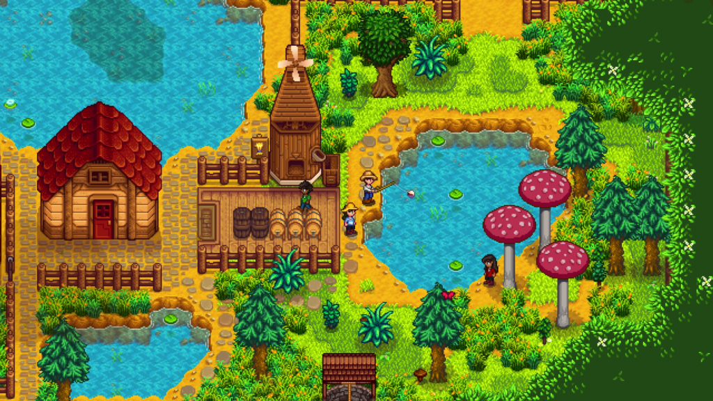 Stardew Valley landscape with barn, player characters, lakes, and trees