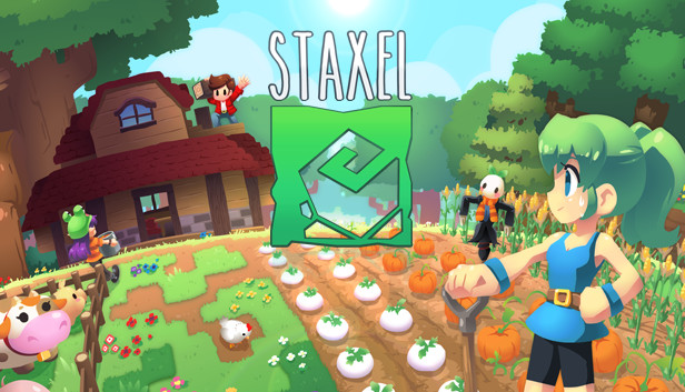 Staxel title page with crops, player character, and animals