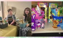 Teen boy and girl on Easter morning, opening Easter baskets.